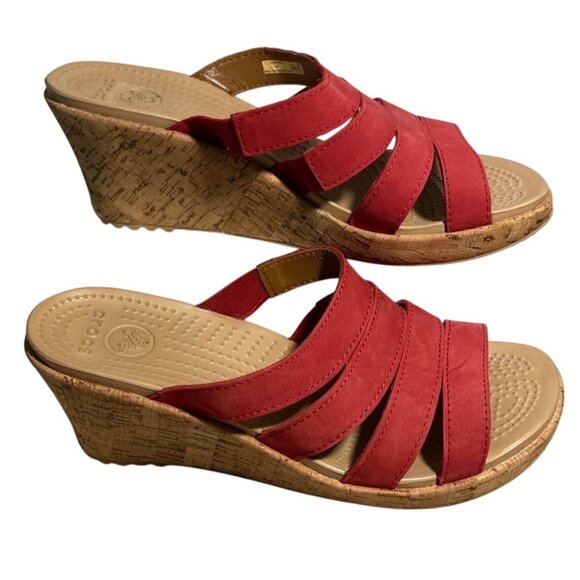 Crocs A Leigh Sandals Strappy Cork Wedge Women Sz 9 Red Open Toe 14935 - Picture 1 of 13